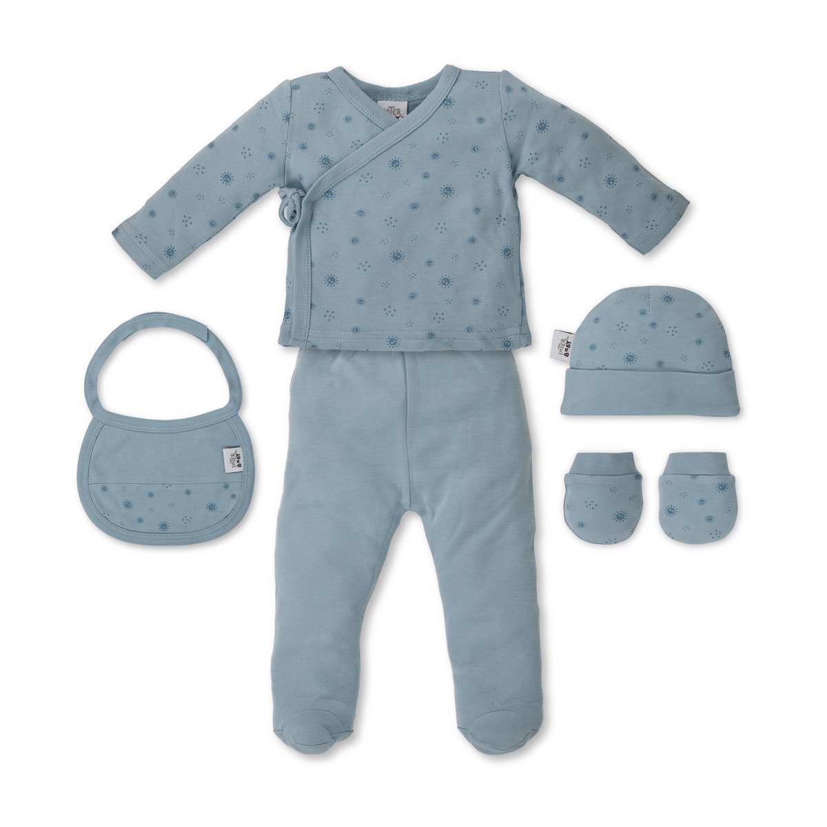 SET 5 PCS(SHIRT+PANTS+GLOVES+BIB+SOCKS)FOR NEW BORN (0-6MONTHS)-100%COTTON-MOD. DUENDES - DARK BLUE