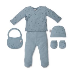 ENSEMBLE 5 PCS(CHEMISE+PANTALON+GANTS+BAVOIR+CHAUSSETTES)POUR NOUVEAU-NÉ (0-6 MOIS)-100%COTON-MOD. DUENDES - BLEU FONCÉ