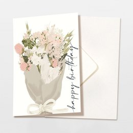Foldekort 'happy birthday' med lyserøde blomster, inklusive kuvert