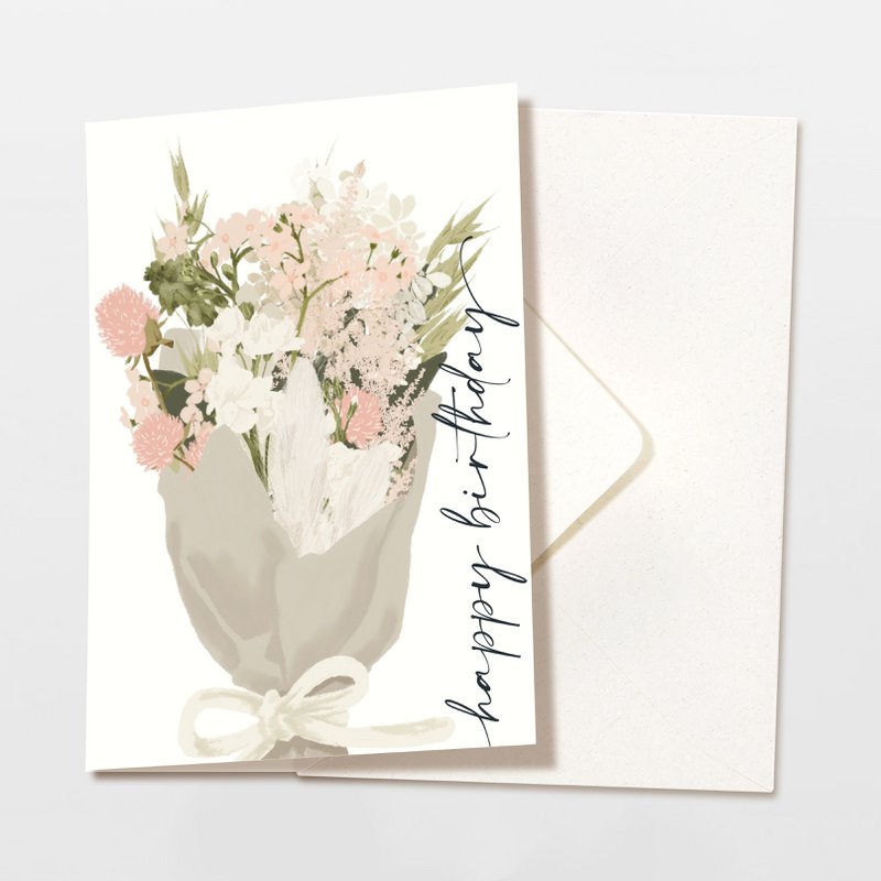 Foldekort 'happy birthday' med lyserøde blomster, inklusive kuvert