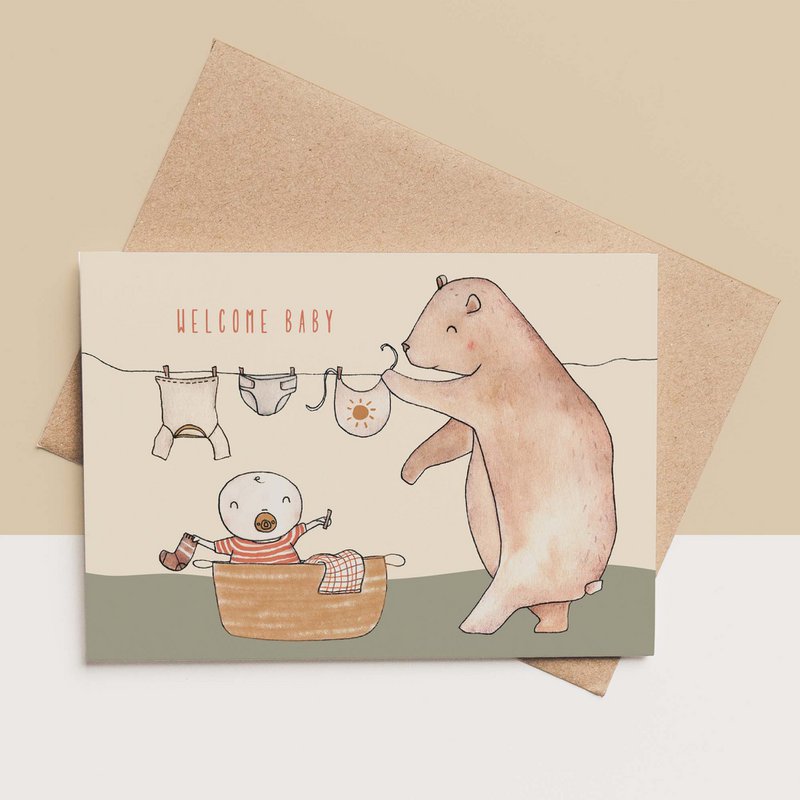 card + envelope - Bear with baby laundry basket