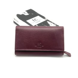  Genuine leather wallet, burgundy red color, multiple card slots, snap closure, compact design, women's accessory.