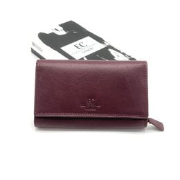 Genuine leather wallet, burgundy red color, multiple card slots, snap closure, compact design, women's accessory.