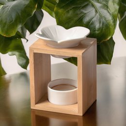 Quemador de Perfume Serie Naturea - Plumeria - en Cerámica y Bambú - Aromaterapia, Ceras Perfumadas, Aceites Esenciales - Idea Regalo Decorativo
