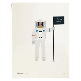 Astronaut wall art print with limited edition of 250. Minimalist illustration depicting an astronaut figure in a white spacesuit holding a flag.