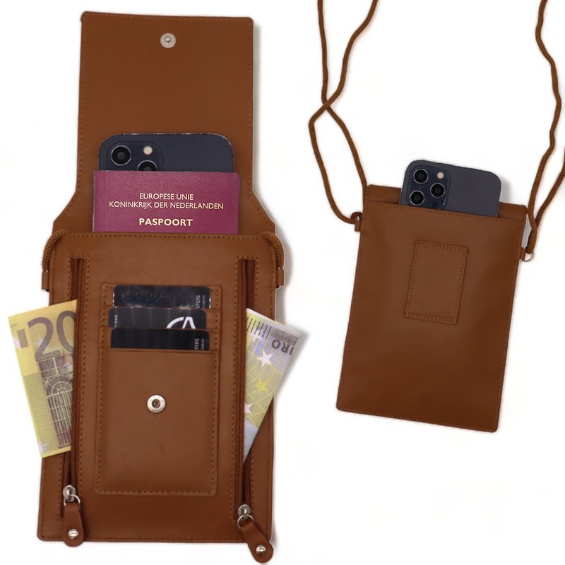 Safekeepers Telefontaske - Bæltetaske - Nakketaske - halstaske mænd - halstaske kvinder Skræddertaske bæltetaske mænd - Cognac