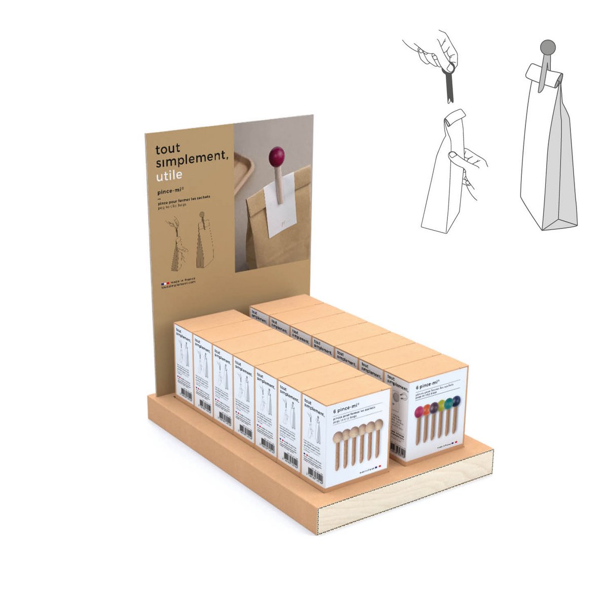 Display full of 32 boxes of 6 wooden bag clips - natural and color + free display