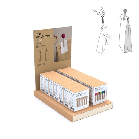 Display voller 32 Schachteln mit 6 Taschenclips aus Holz - natur und farbig + kostenloses Display
