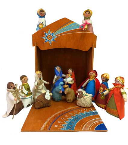 Handmade Textile Nativity Play (14 persons) in a wooden box