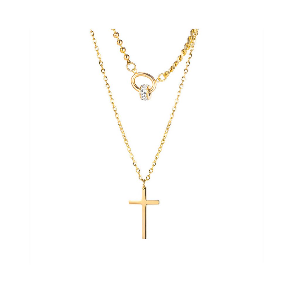 DOUBLE CHAIN NECKLACE WITH STONE RING AND CROSS PENDANTS