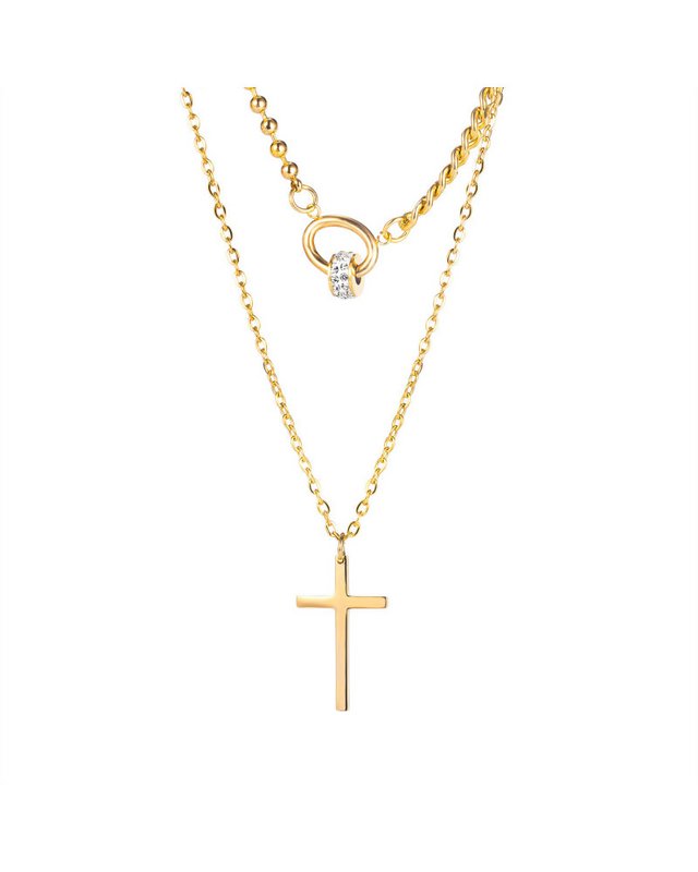 DOUBLE CHAIN NECKLACE WITH STONE RING AND CROSS PENDANTS