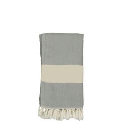 Light grey hammam towel with cream stripe detail, made of soft, absorbent cotton material.