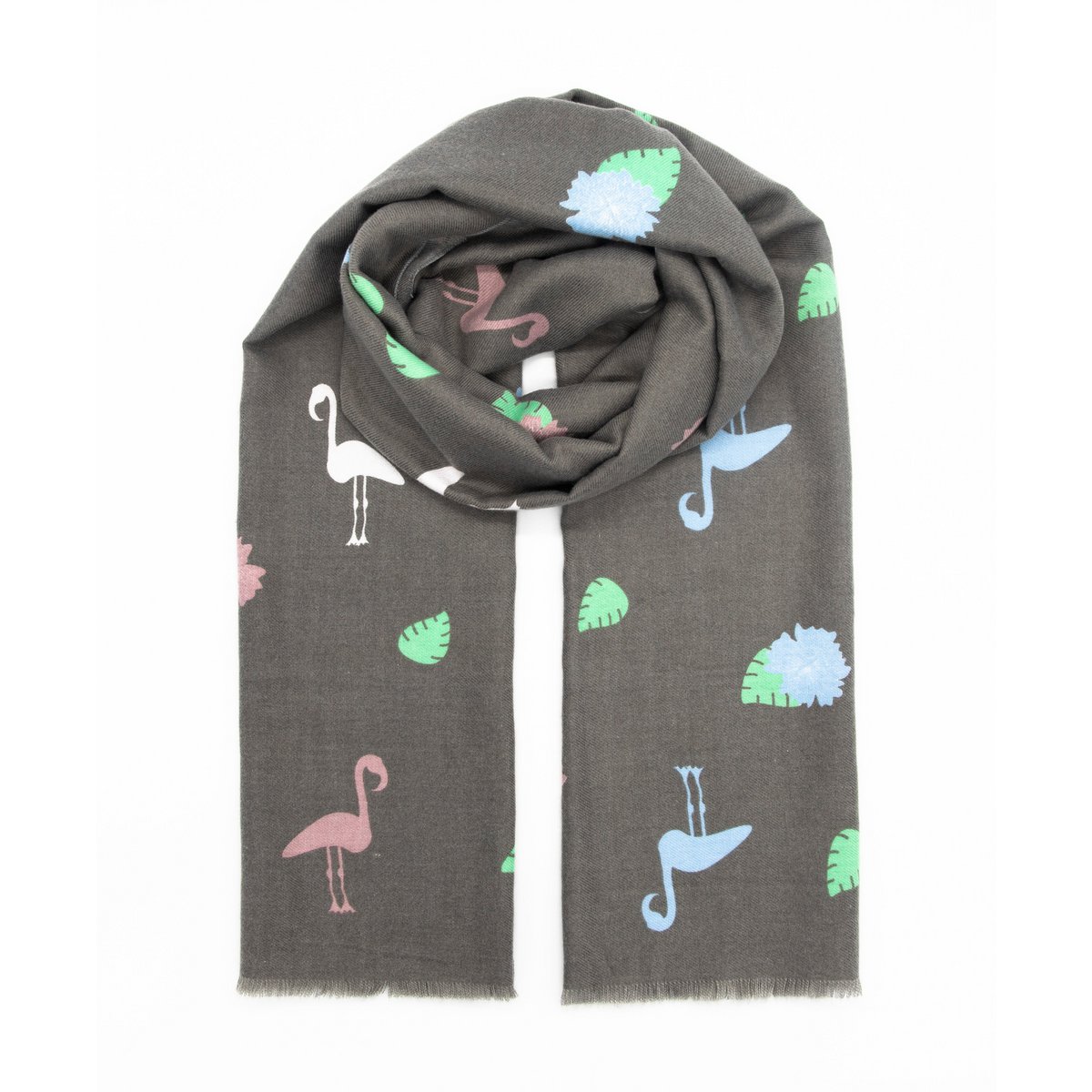 Écharpe en coton avec imprimé flamant - gris