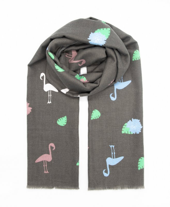 Écharpe en coton avec imprimé flamant - gris