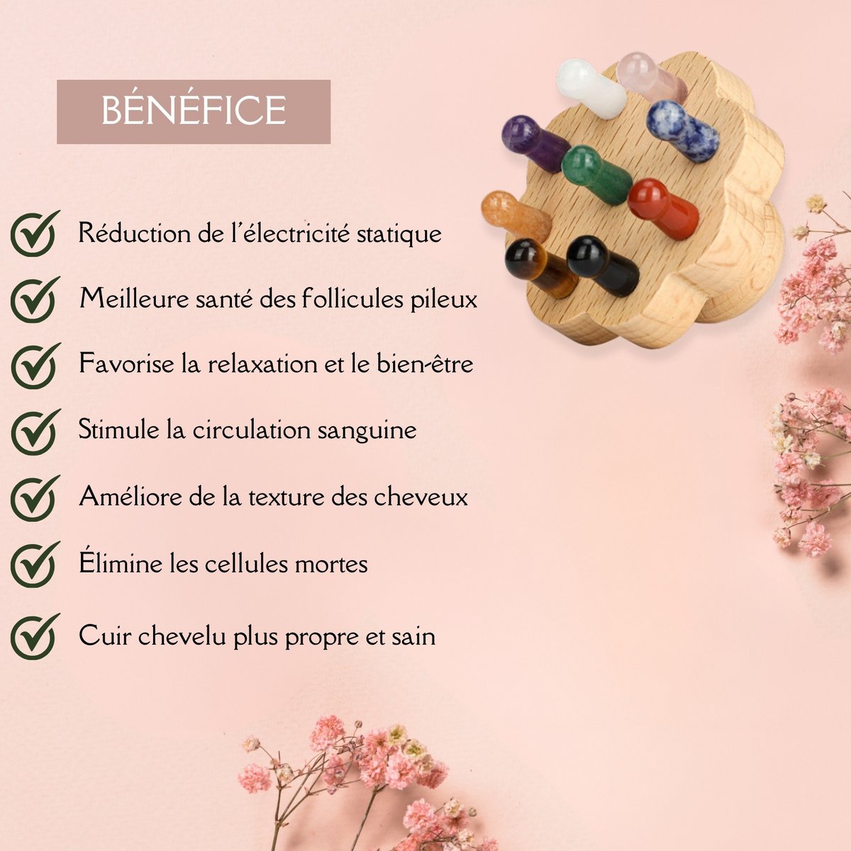 Flower Scalp Brush in FSC Beech Wood - 9 Natural Stone Massage Points - Stimulates Blood Circulation - Revitalizes Scalp - Natural Lithotherapy Hair Care