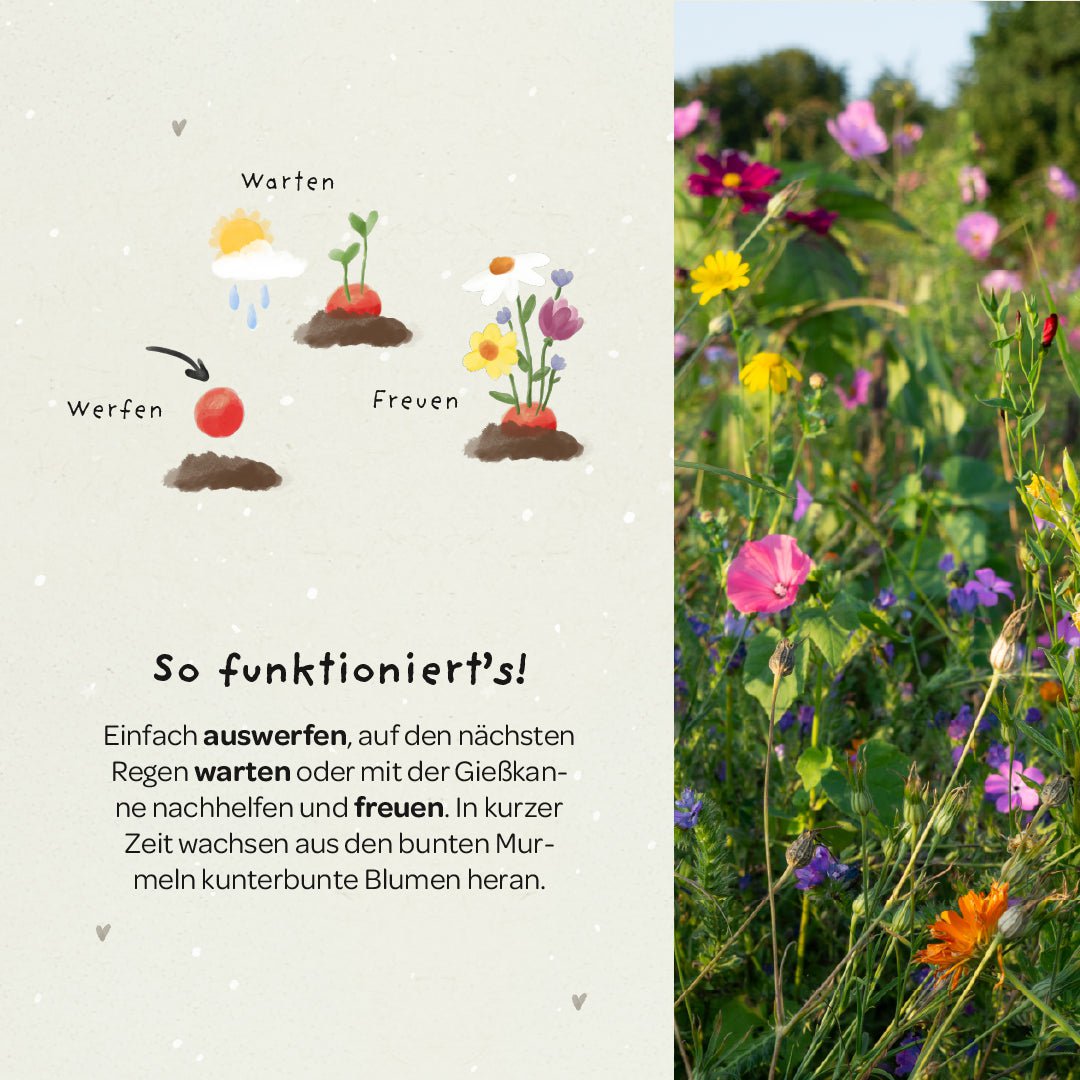 5er Blumenmurmeln im Pergaminbeutel - "Endlich Schulkind" -Einschulung