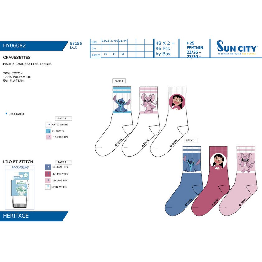 Lot of 96 Units | Pack 3 Lilo And Stich Children's Tennis Socks | Officially Licensed Products | SUN CITY Group