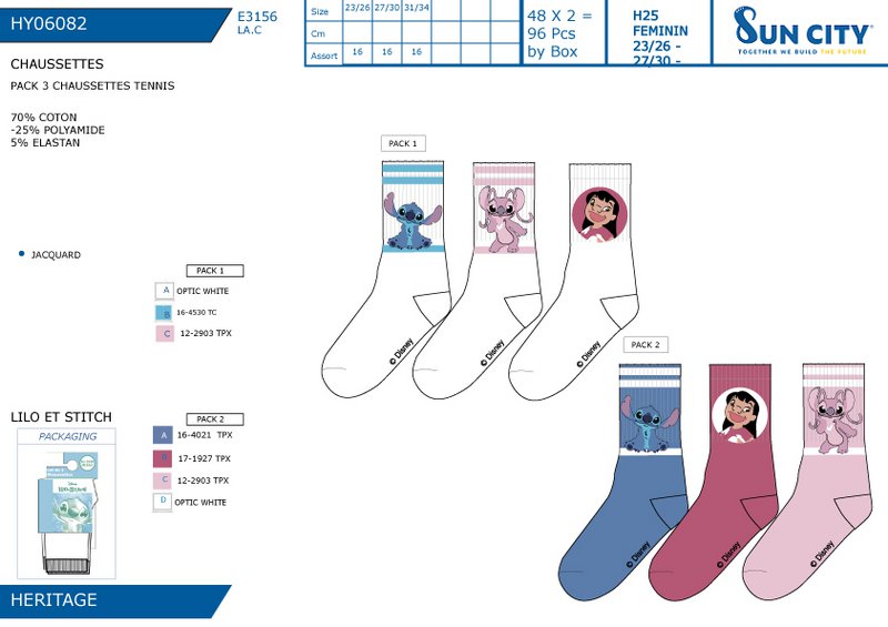 Lot von 96 Einheiten | 3er-Pack Lilo und Stich Kinder-Tennissocken | Offiziell lizenzierte Produkte | SUN CITY-Gruppe