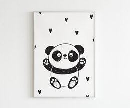 Poster featuring a black and white panda illustration with a simple, minimalist design. The panda is surrounded by small heart shapes, creating a playful and whimsical aesthetic suitable for a child's room or nursery.