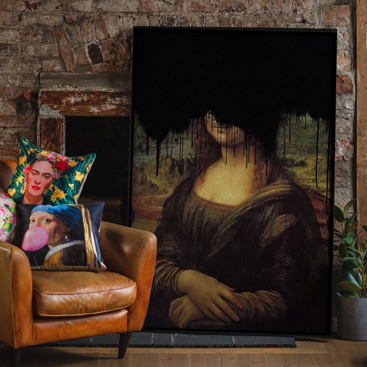 Estampado de grafiti negro Drippy Mona Lisa