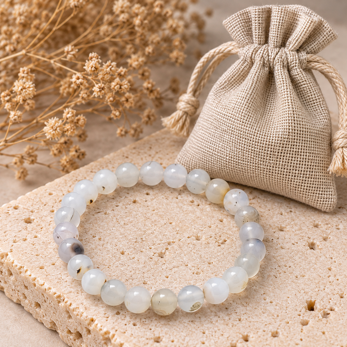 Bracelet Agate Naturelle – Blanc Doux | Perles de pierres précieuses de 8 mm