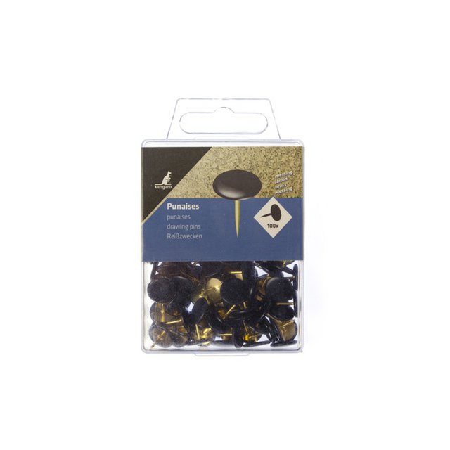 Thumbtacks Kangaro black cap brass plastic box 100 pcs