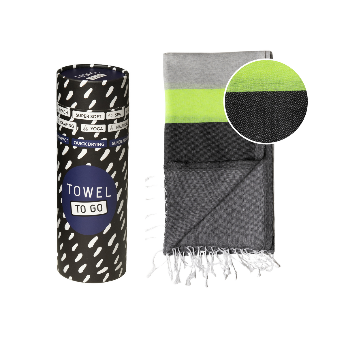 TOWEL TO GO NEON Serviette de plage en coton recyclé 180x100 cm | Serviette de piscine à séchage rapide | Gris / Noir | avec coffret cadeau