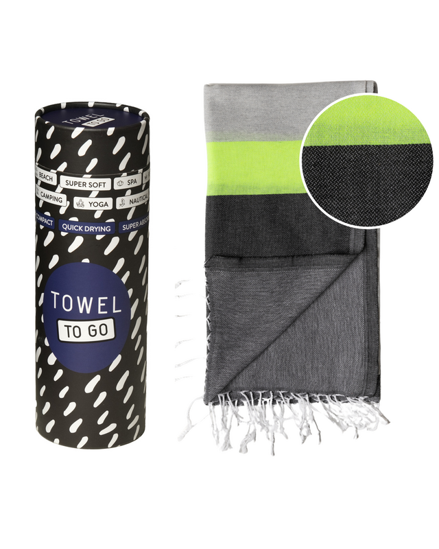 TOWEL TO GO NEON Telo mare in cotone riciclato 180x100 cm | Asciugamano da piscina ad asciugatura rapida | Grigio/Nero | con confezione regalo