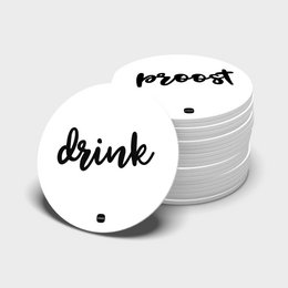  Round white coasters with the text "Drink" printed on them. Made of durable material for use as drink coasters.