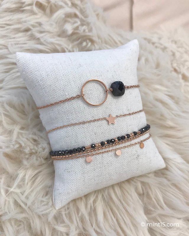 Kædearmbånd med ring - Sort Obsidian - Rose Guld
