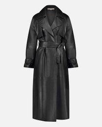  A long, black leather trench coat with a belted waist and lapel collar. The coat has a classic, sophisticated style and is suitable for women.