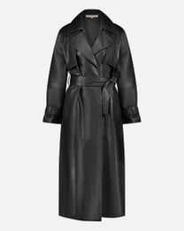 A long, black leather trench coat with a belted waist and lapel collar. The coat has a classic, sophisticated style and is suitable for women.