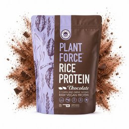 Chocolate rice protein powder, brown kraft pouch, plant-based supplement, vegan nutrition.