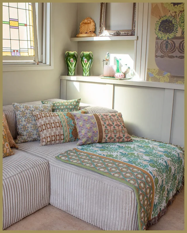 NIN-NIT | Couverture Nouveau Naturel | plaid | couverture tissée | couvre-lit | 100% coton tissé | Imprimé fleurs, feuilles et nature | beige | blanc | sable | vert | bleu | multicolore | 220x160cm