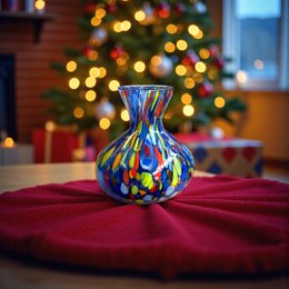 Colorful glass vase with a classic design, featuring a round shape and vibrant multicolored patterns reminiscent of the famous Murano glass style.