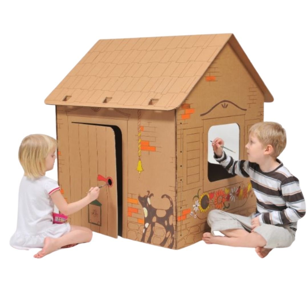 Kartonnen speelhuis Cabine met contouren van leuke dieren, bruin, groot, doe-het-zelf, om te schilderen, 3+ jaar