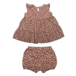 Rust-colored flared blouse with puff sleeves and matching rust-colored floral print shorts in a boho style, suitable for a baby or toddler.