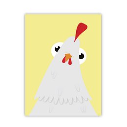 A white chicken with a red comb and wattle against a yellow background, framed and displayed on a wall.