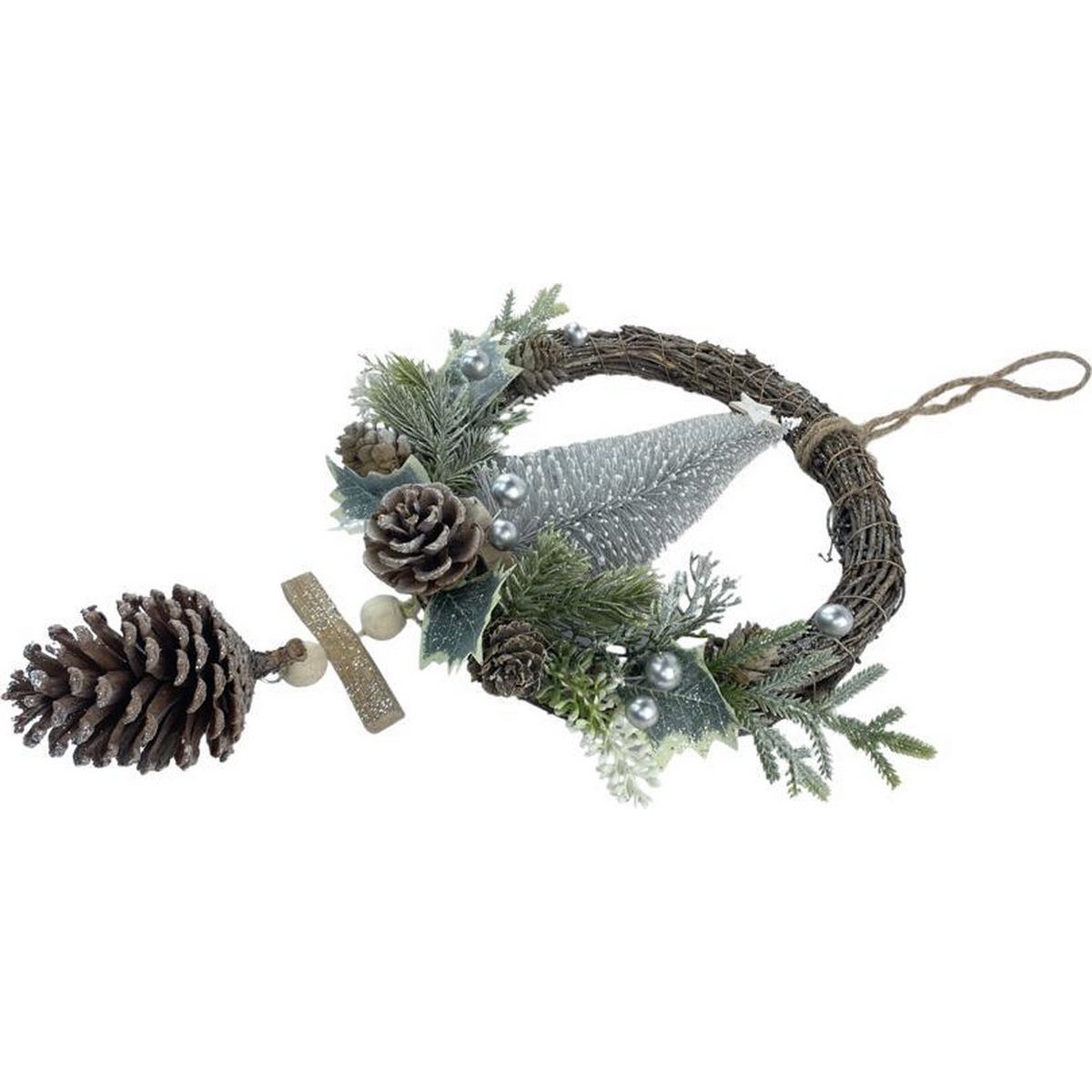 Corona di Natale in rattan - Bacca bianca | ø 39 cm | Opportunità natalizia decorativa in rattan e pigne con albero di Natale | bianco