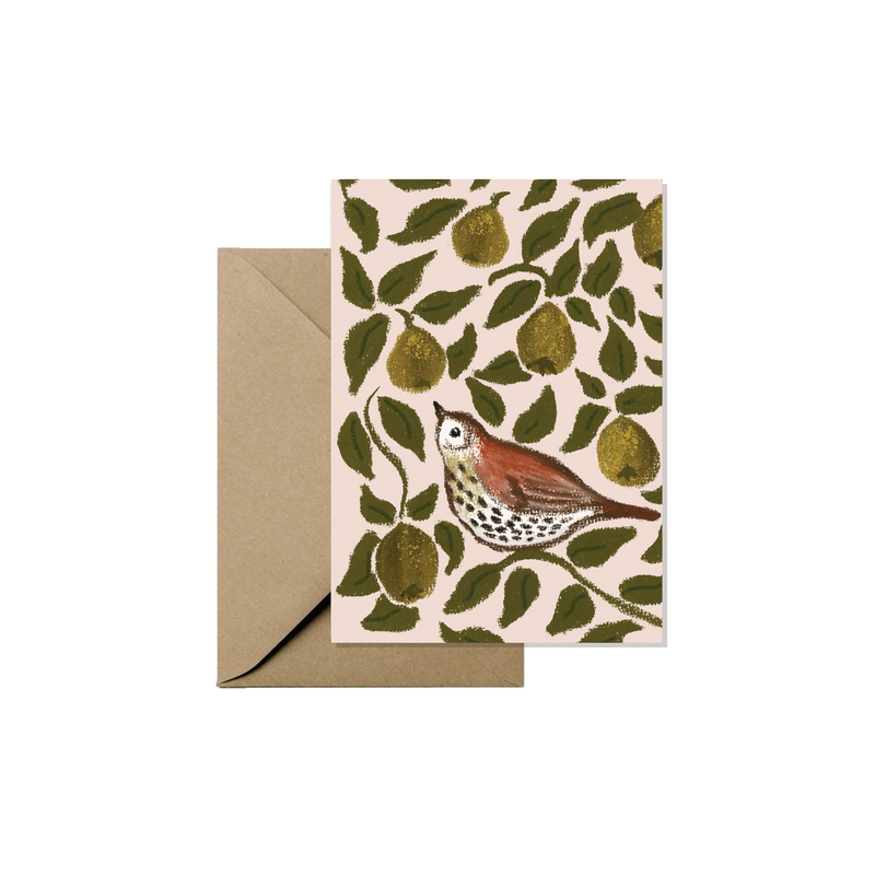 Mini greeting card - Song thrush and pears