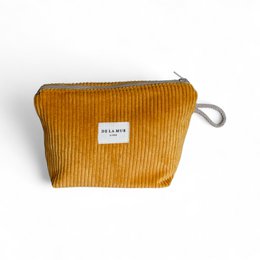  Makeup pouch in a warm, mustard-yellow corduroy fabric with a zipper closure and a small label.