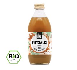 Organic physalis syrup in a glass bottle. The syrup is made from physalis fruit, which has a sweet and tangy flavor. The bottle has a label with the product name and organic certification.