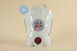 A 3-liter bag of cold brew coffee from Ethiopia, featuring a colorful "Cold Brew" logo and a red spigot for easy pouring.