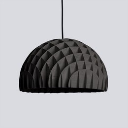 Ceiling lamp with a black plywood arc pendant featuring a geometric triangular pattern design.