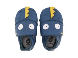 Navy blue baby shoes with yellow lightning bolt design, soft sole, available in sizes L, M, S.
