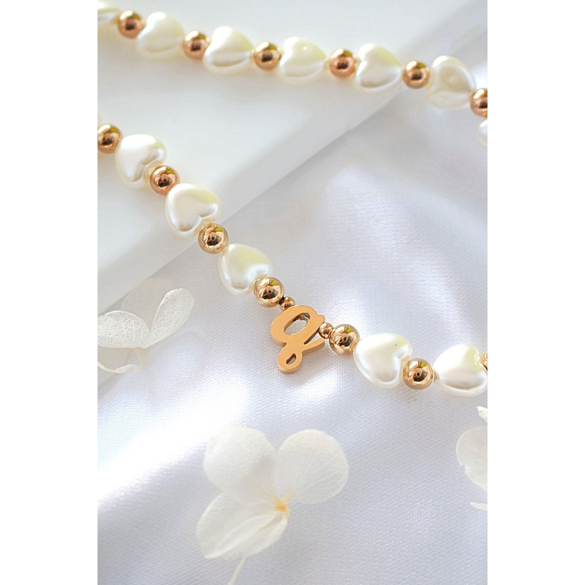 18K aangepaste initiële | Hart parels kralen Lanyard
