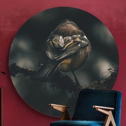 Round wall art featuring a close-up image of a chaffinch bird perched on a branch against a dark background. Available in various sizes from 40cm to 140cm diameter.