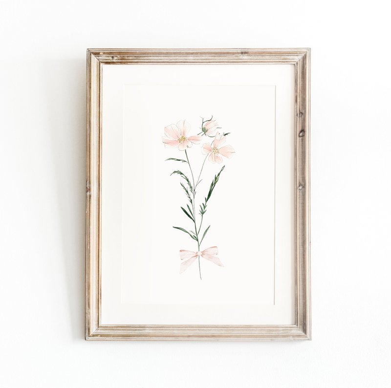 Blush spring flowers with bow, pink wildflowers poster, wildflowers bouquet print, floral nursery print, botanical poster, flower poster, floral nursery print, wildflowers poster, floral nursery poster, peach flowers