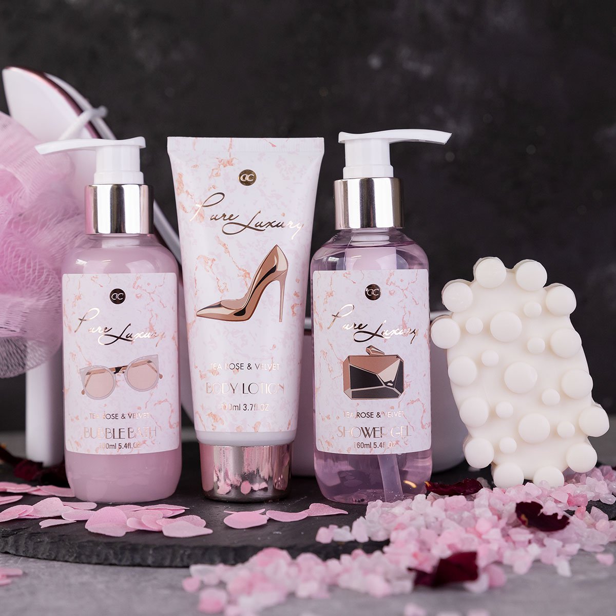 Set da bagno PURE LUXURY in scarpa in ceramica nel colore bianco/rosa