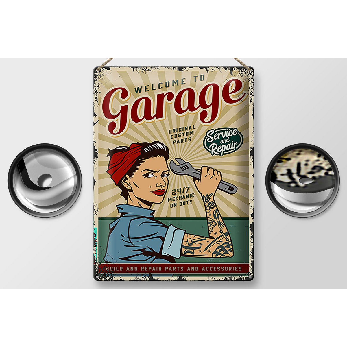 Blechschild Retro 30x40cm Pinup welcome Garage service 24/7